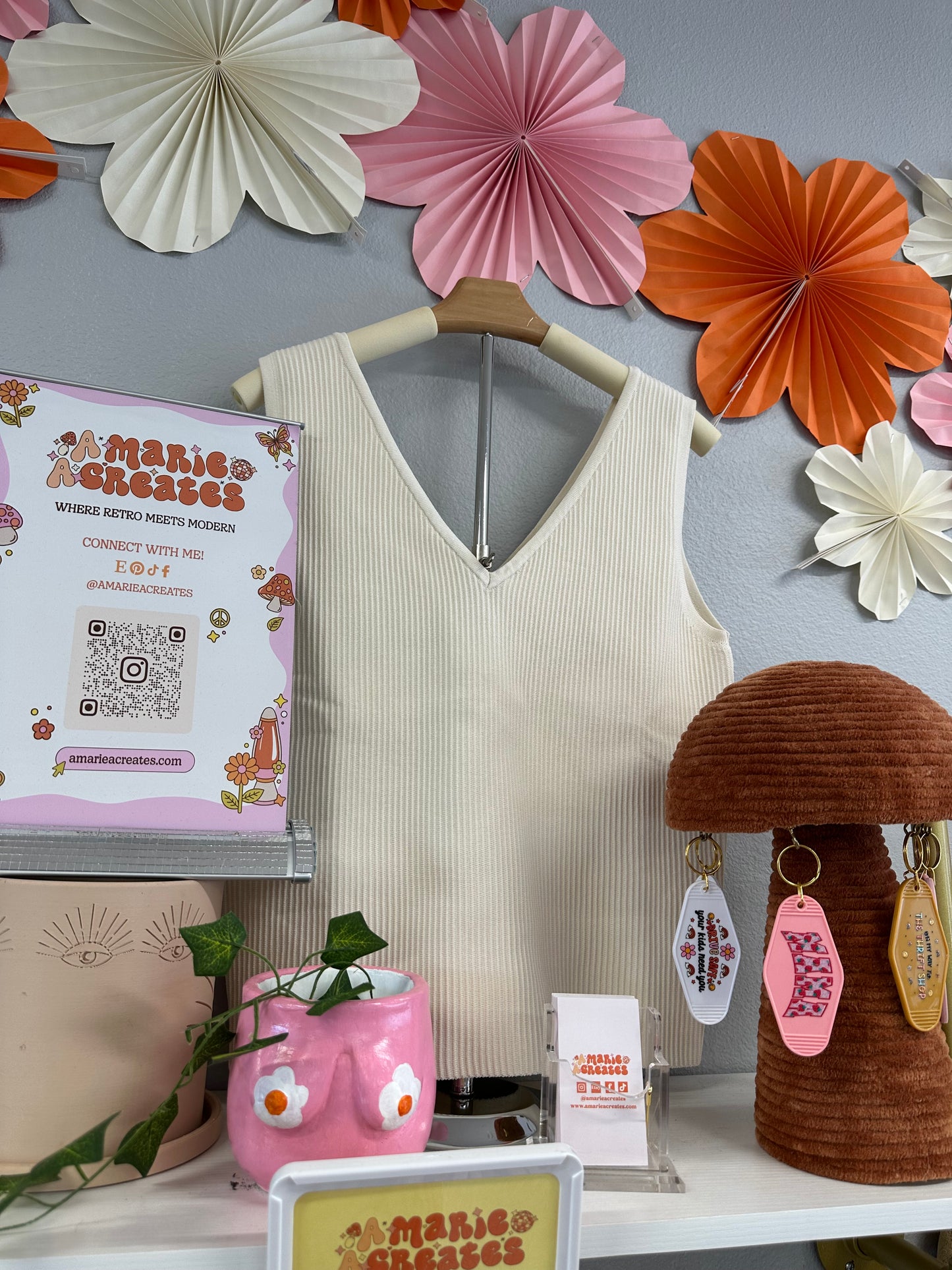 Cream V Neck Tank Top