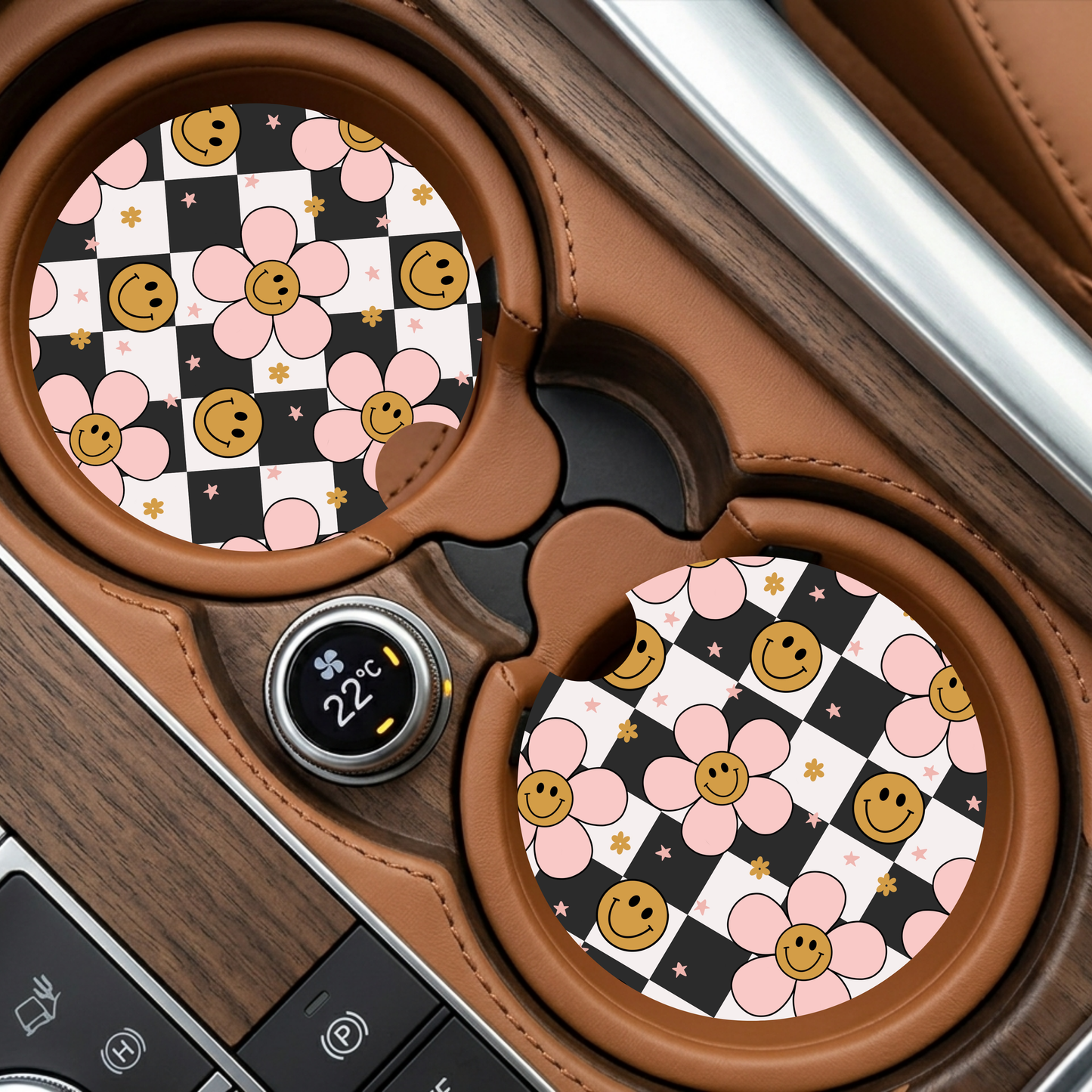 Retro Checkered Happy Face Car Coaster