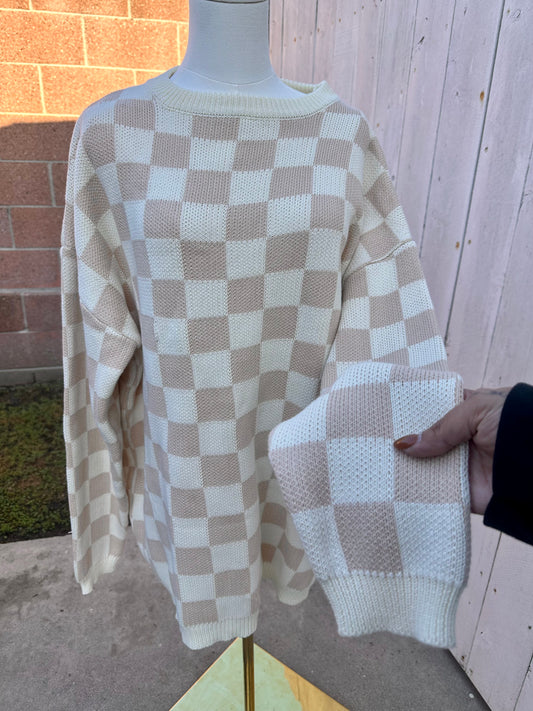 NWT XXL Tan Checkered Sweater