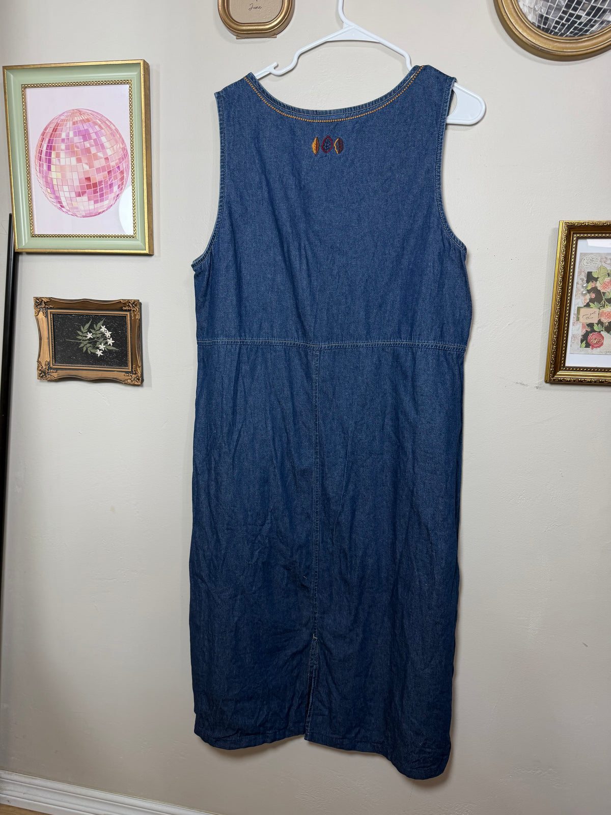 XL Vintage Denim Midi Dress w/ Fall Embroidery
