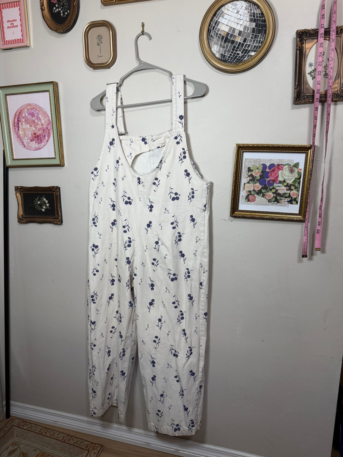 Large Ecru Cream Denim Overalls w/ Blue Flowers