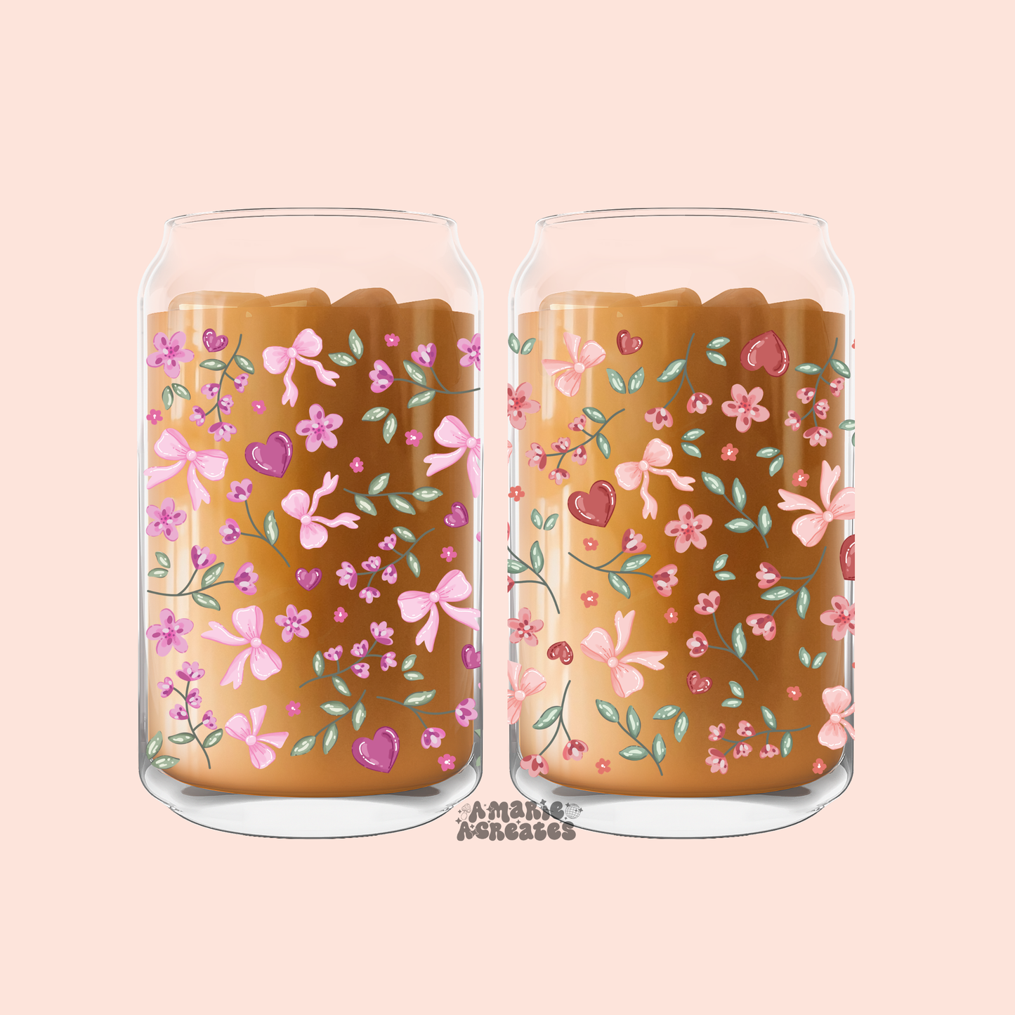 Floral Hearts & Bows Glass Cup