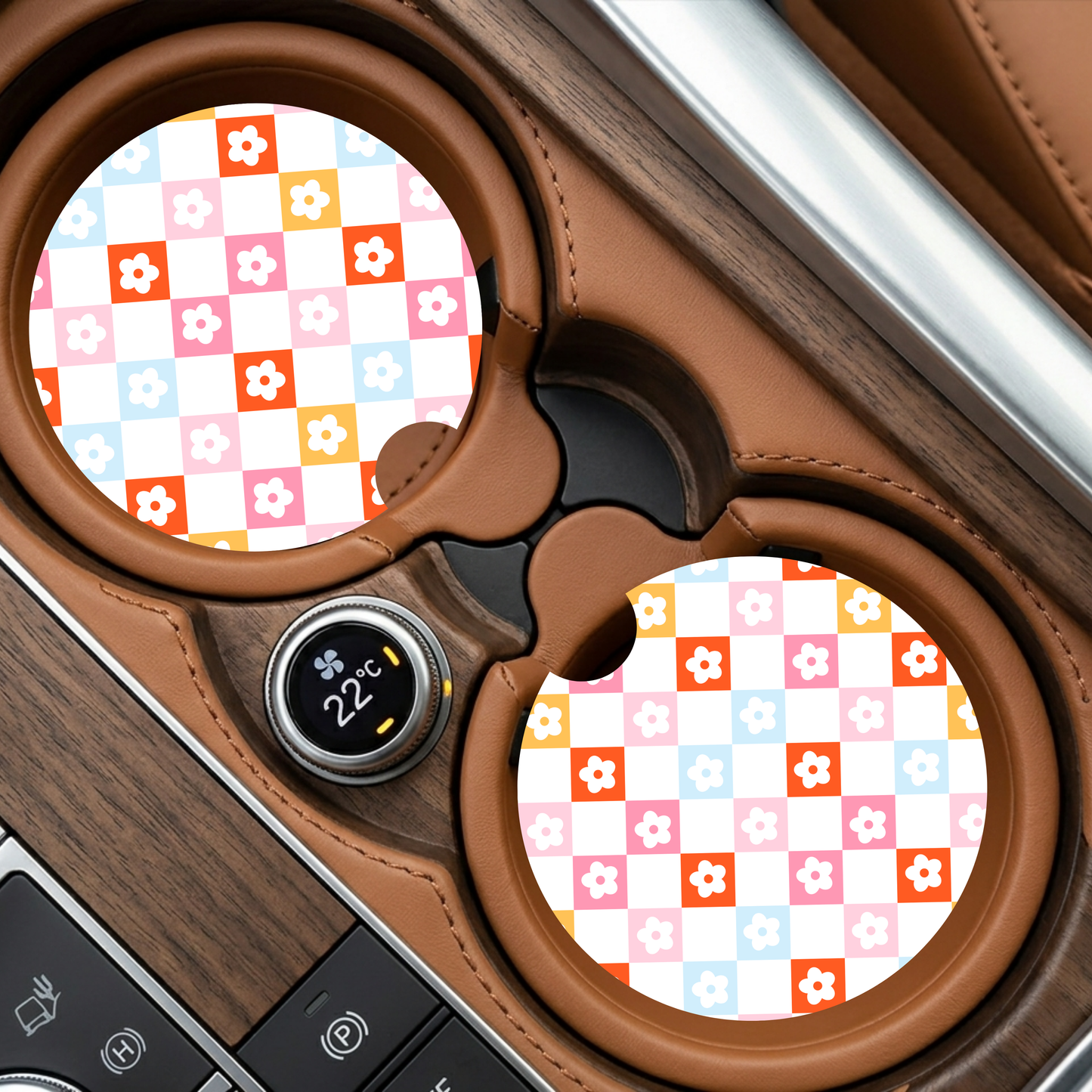 Checkered Flowers Car Coaster