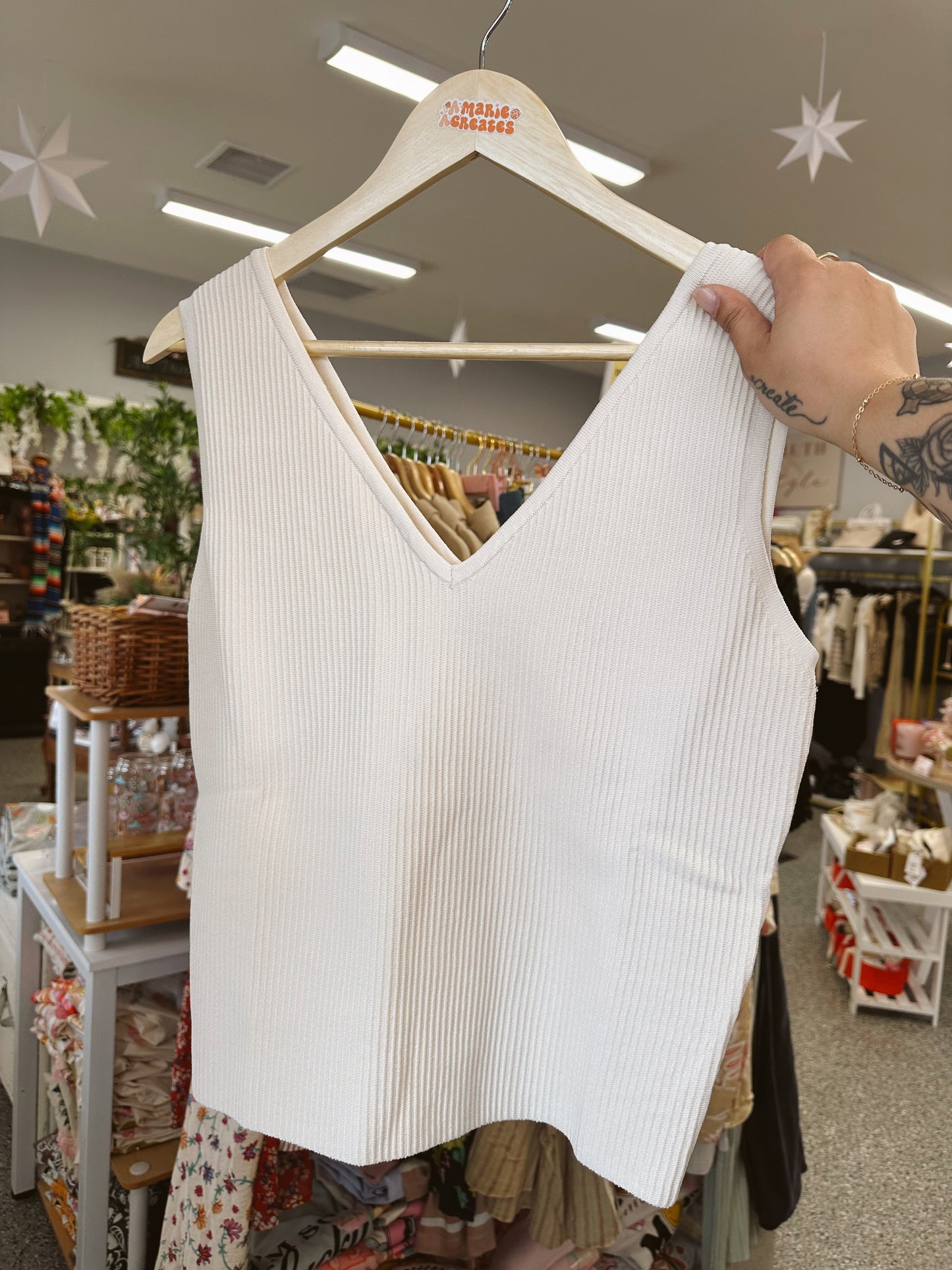 Cream V Neck Tank Top