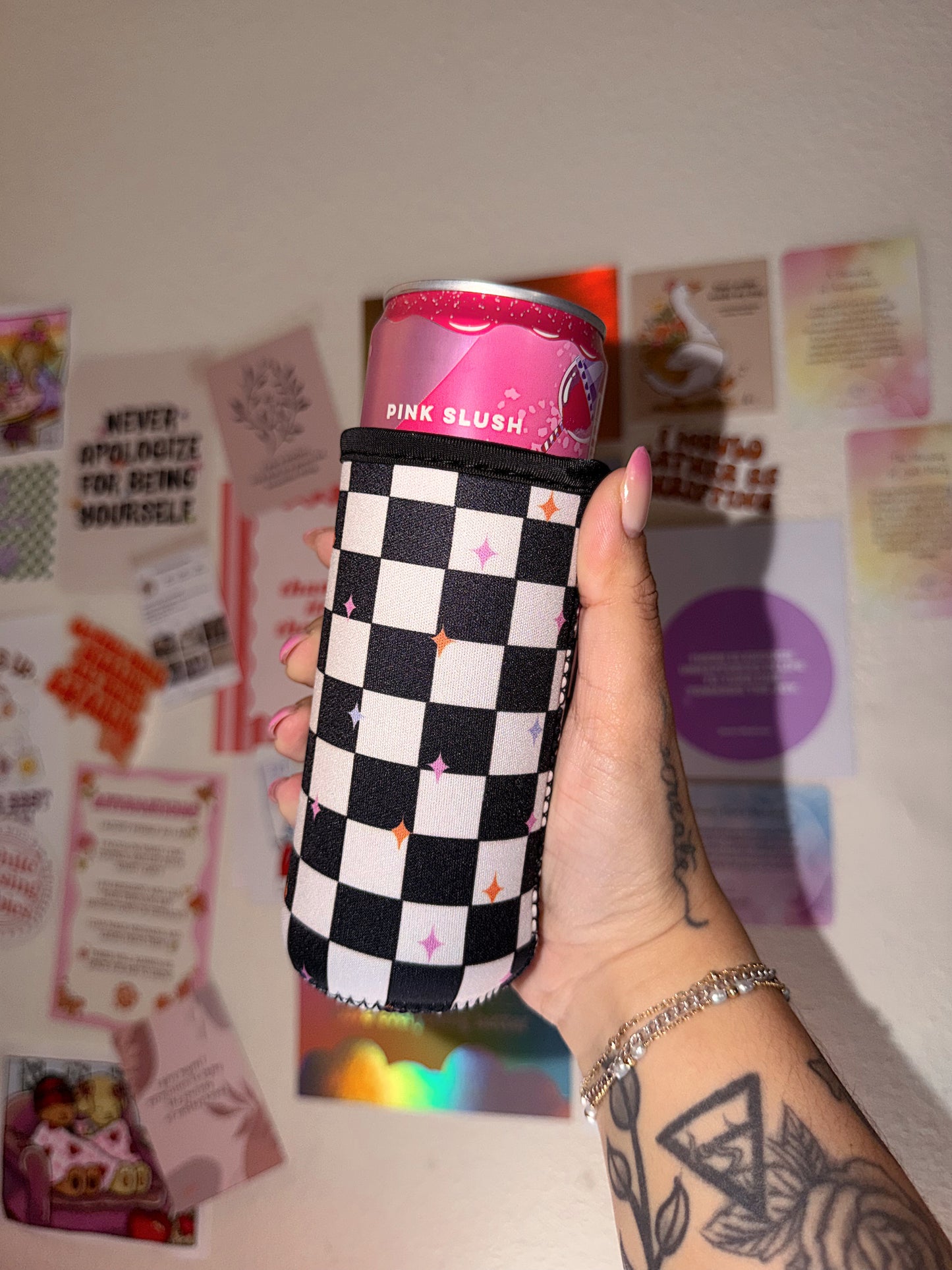 Stars & Black Checkered Slim Can Koozie