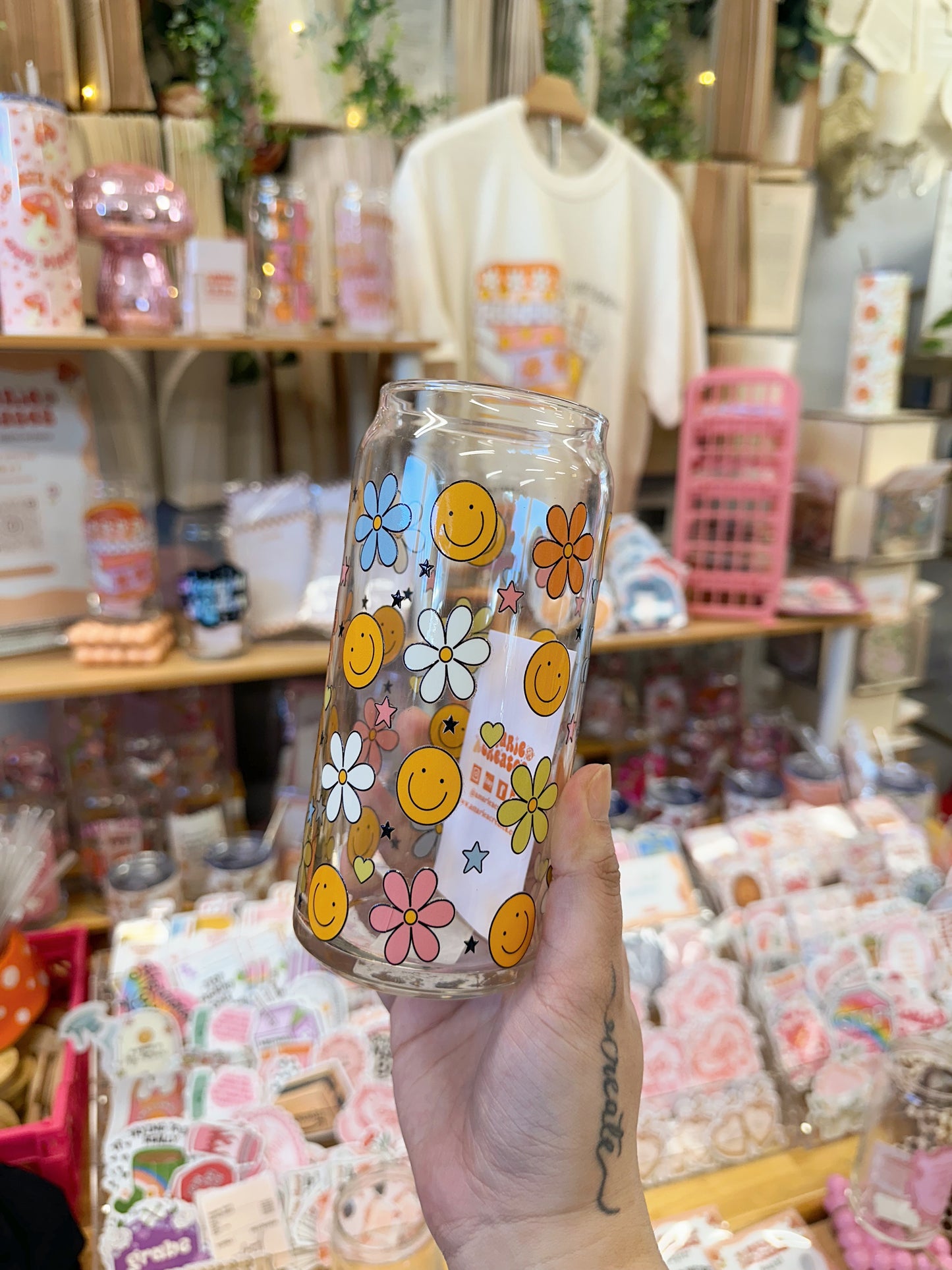 Happy Faces & Flowers Glass Cup