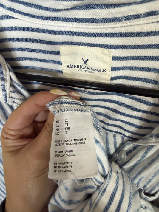 XL Blue Striped Button Up Blouse