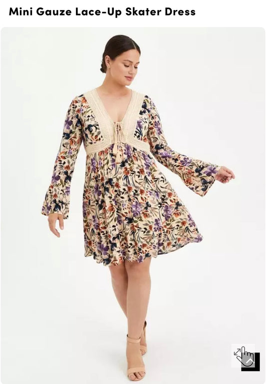 1x Floral Gauze Lace Up Dress