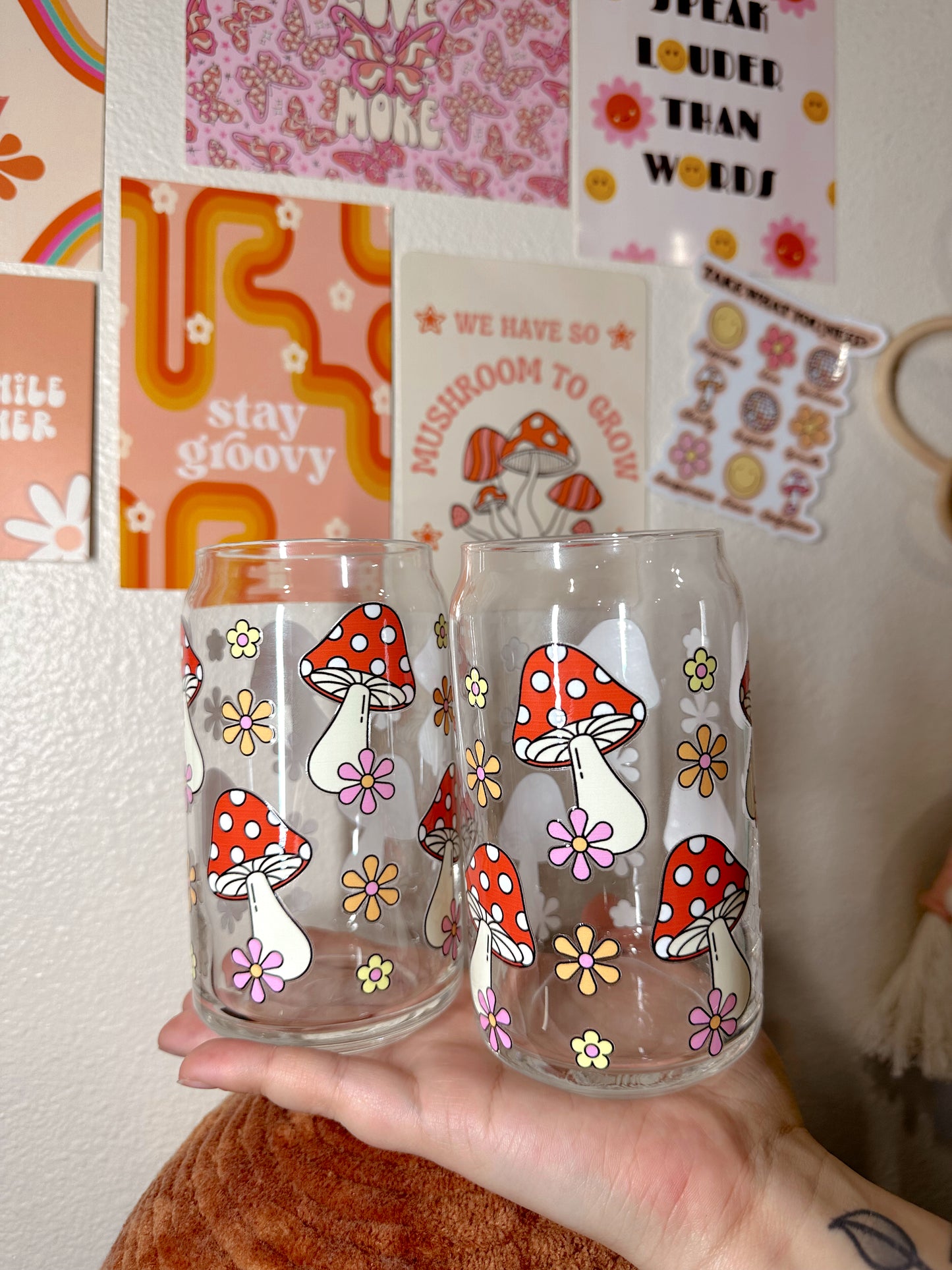 70s Retro Mushrooms Glass Cup