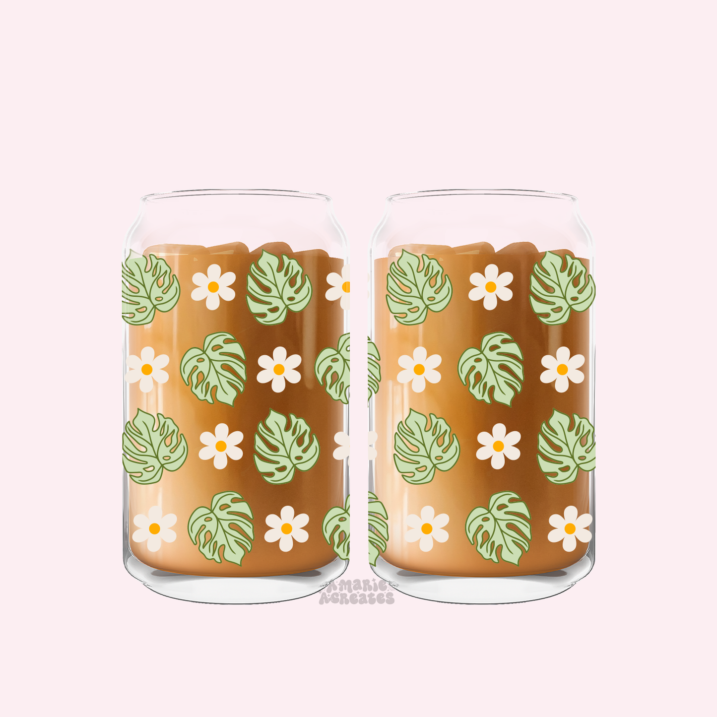 Monstera & Daisies Glass Cup