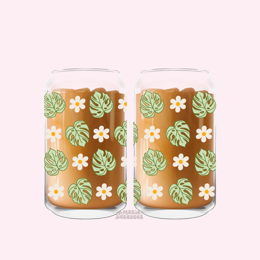 Monstera & Daisies Glass Cup