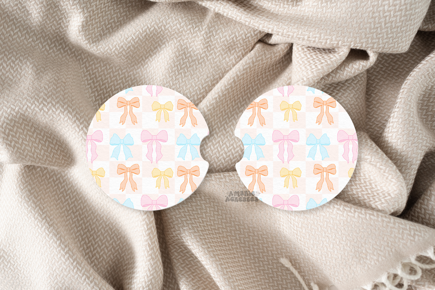 Pastel Bow Checkered Car Coaster