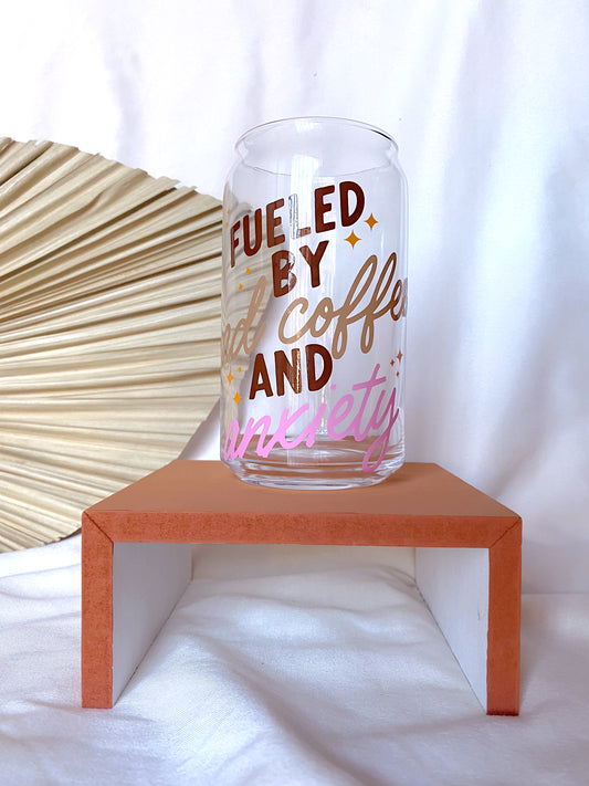 Fueled By Iced Coffee And Anxiety Glass Cup