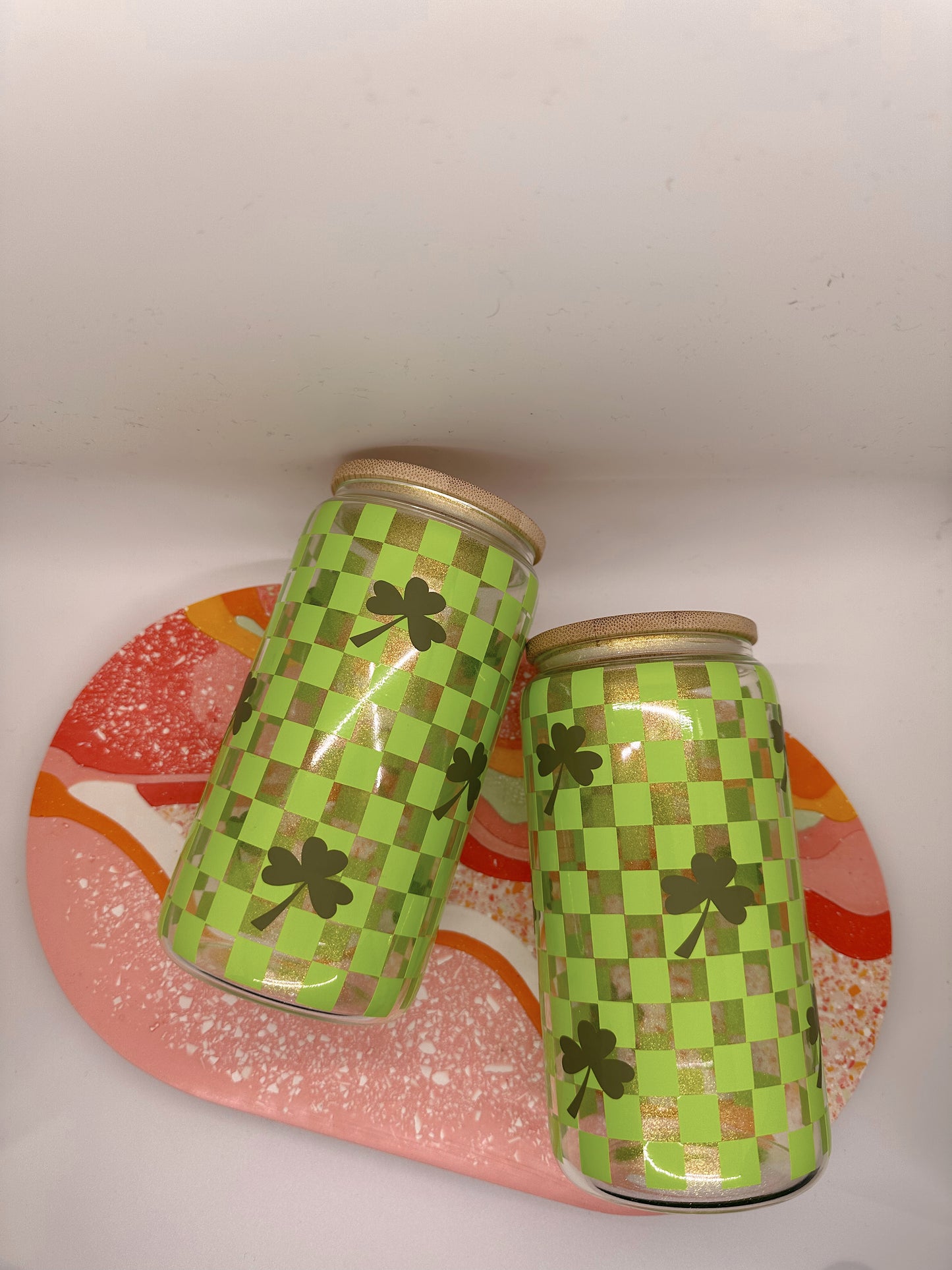 Checkered Four Leaf Clover Glass Cup