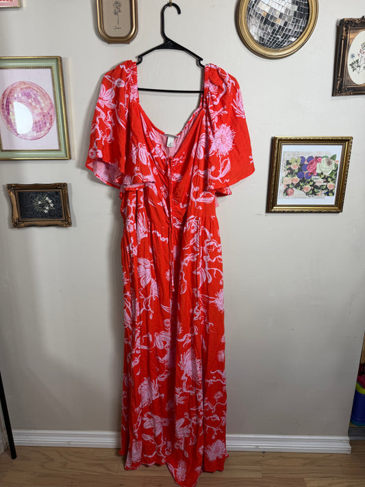 4x Red & Pink Tropical Maxi Dress