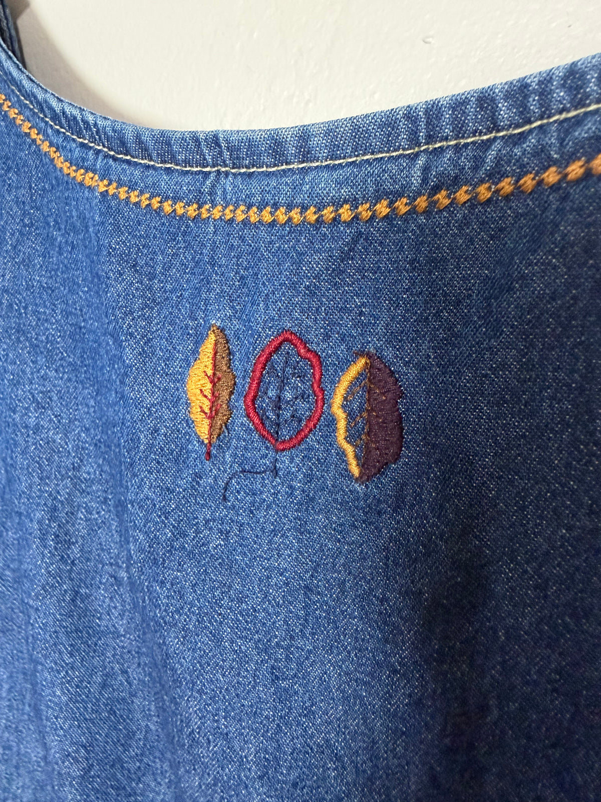 XL Vintage Denim Midi Dress w/ Fall Embroidery