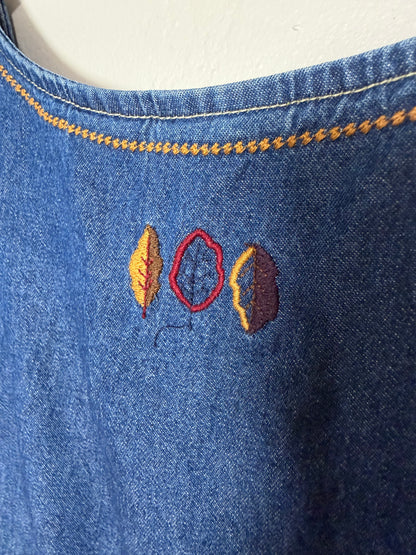 XL Vintage Denim Midi Dress w/ Fall Embroidery