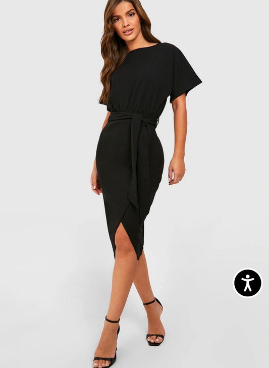 US 22 NWT Slash Neck Tie Waist Midi Dress