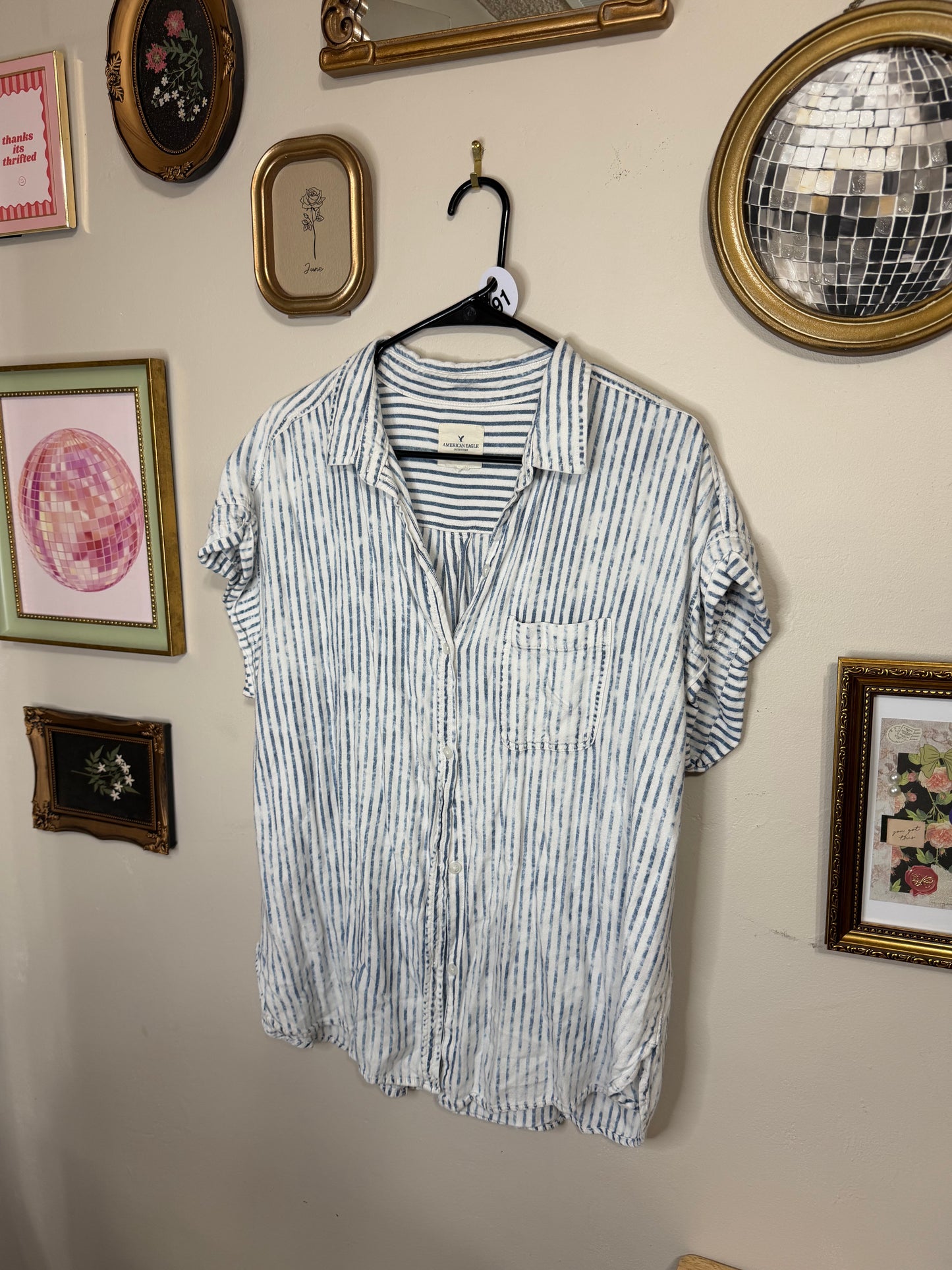 XL Blue Striped Button Up Blouse