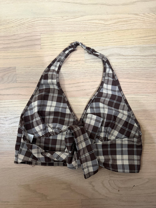 Large Brown Plaid Halter Top w/ Tie Back