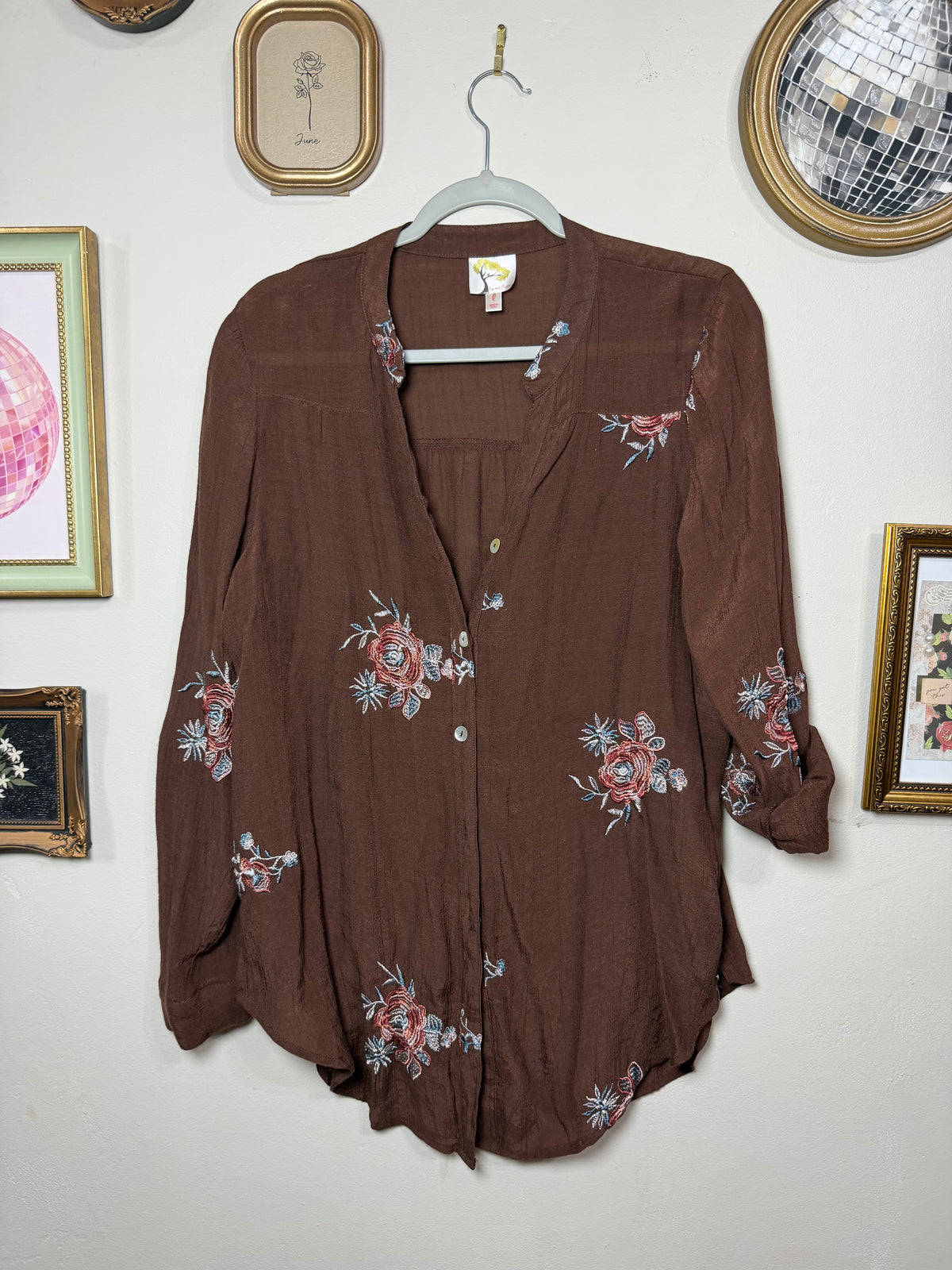 Large Brown Floral Embroidered Button Up