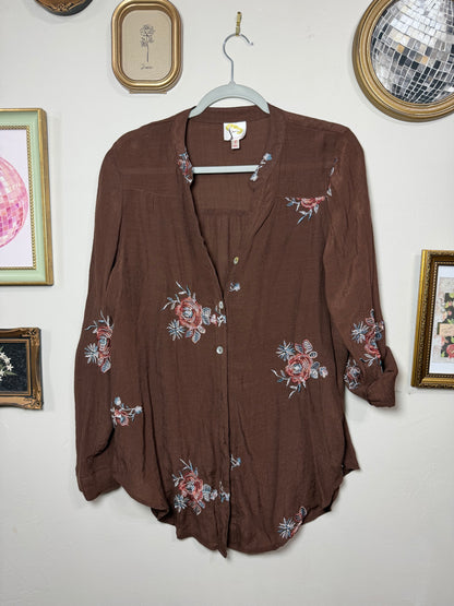Large Brown Floral Embroidered Button Up