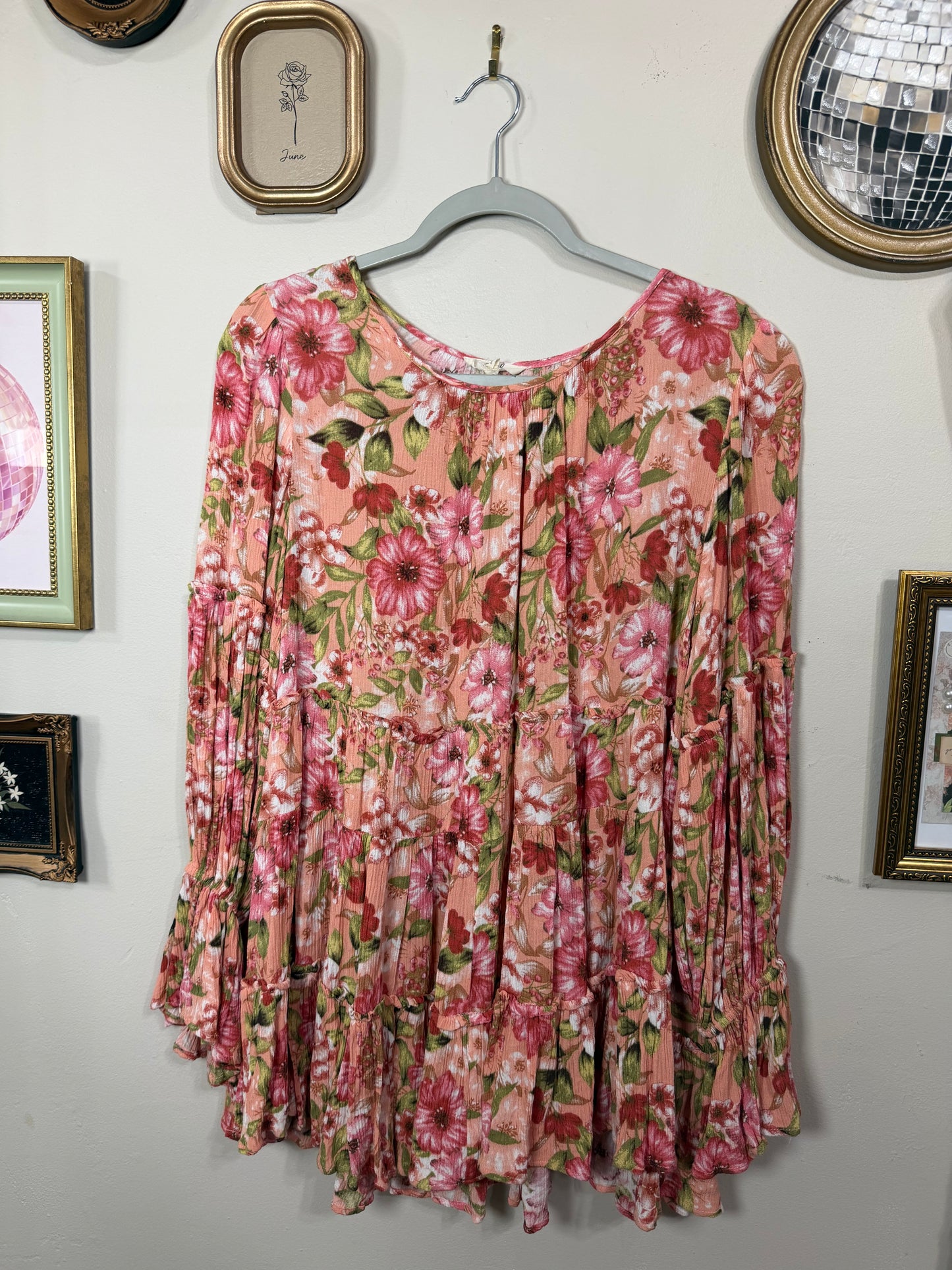 Medium Floral Pink Tiered Long Sleeve Blouse