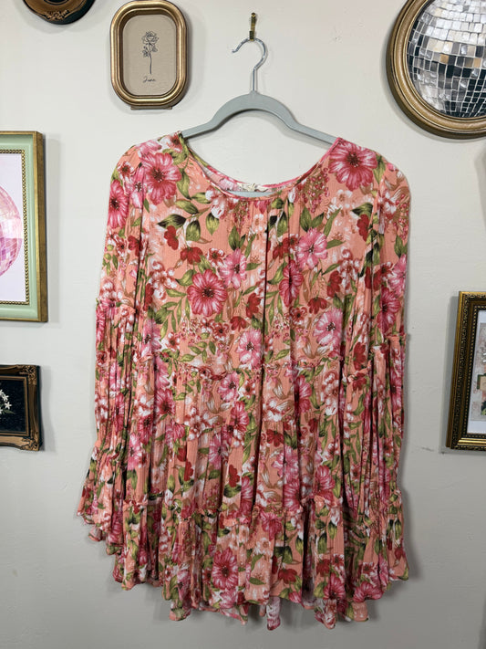 Medium Floral Pink Tiered Long Sleeve Blouse