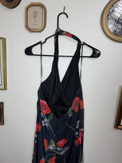 Large Black w/ Red Roses Halter Dress