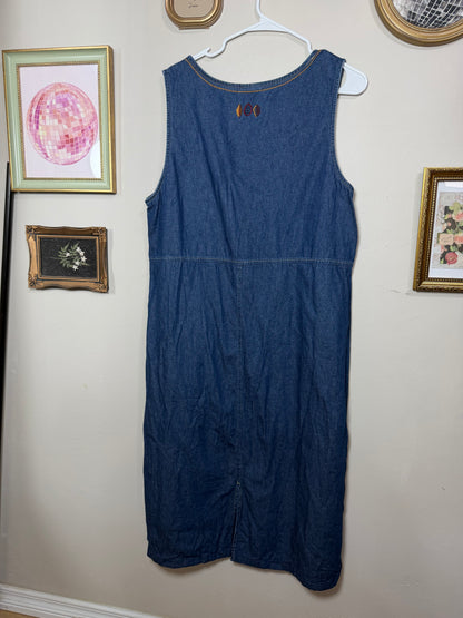 XL Vintage Denim Midi Dress w/ Fall Embroidery