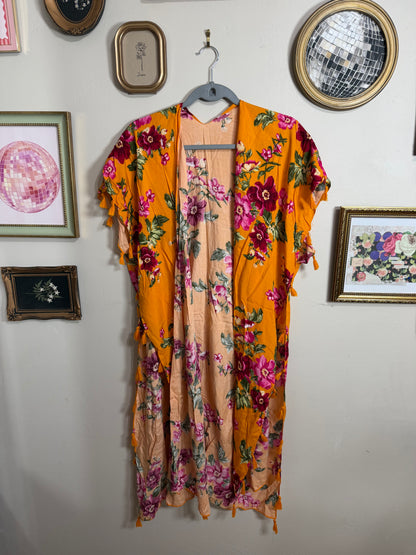 OS (S-XL) NWOT Tropical Orange Kimono w/ Tassels