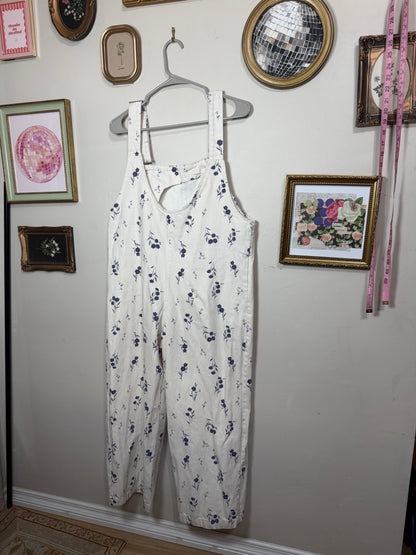 Large Ecru Cream Denim Overalls w/ Blue Flowers