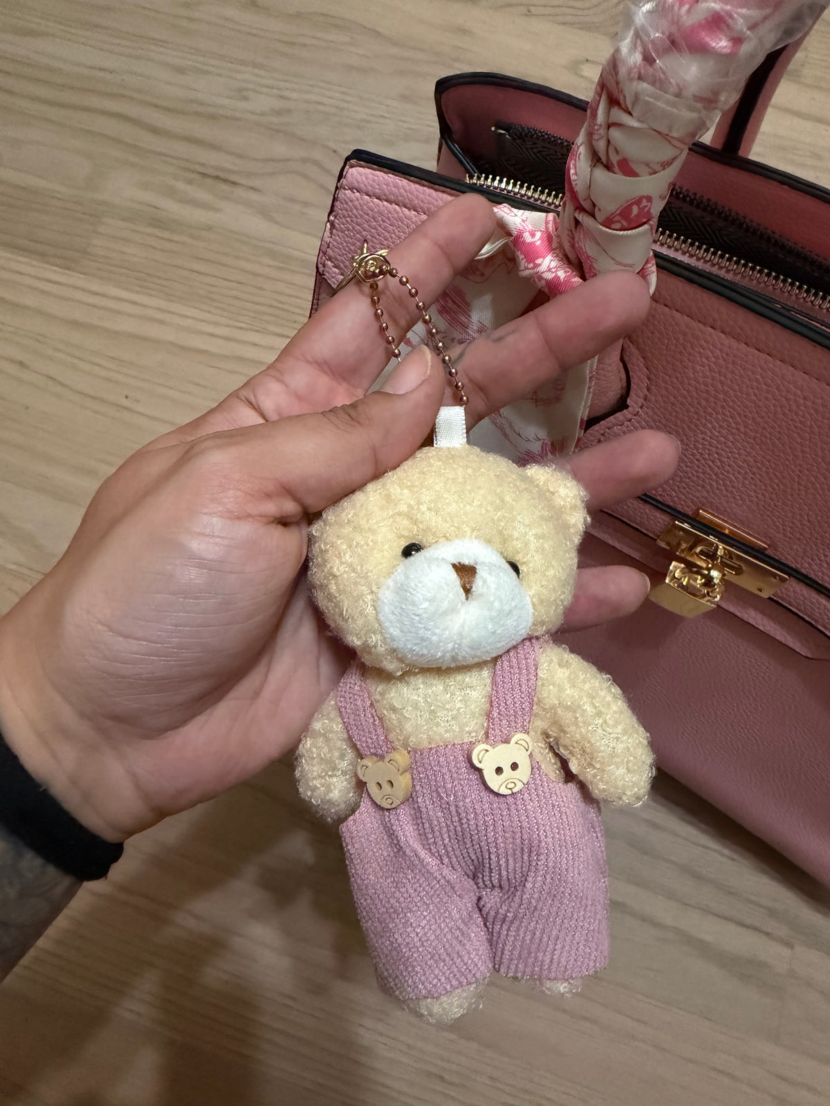 NWT Pink Structured Satchel Handbag with Teddy Bear Keychain & Crossbody Strap