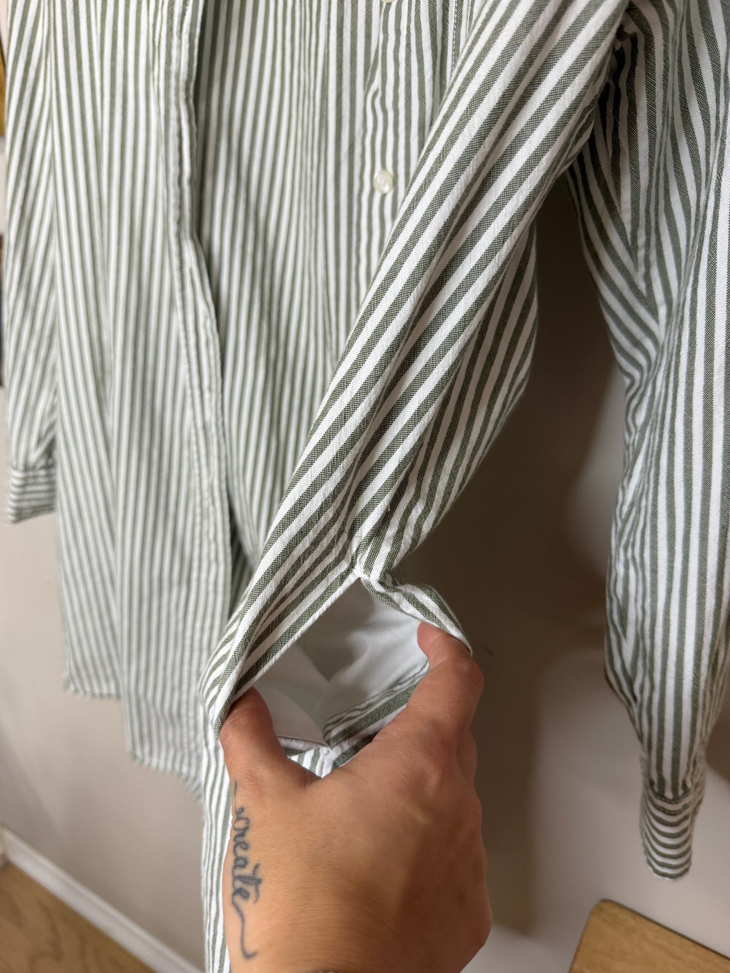 XS Green/White Striped Button Up