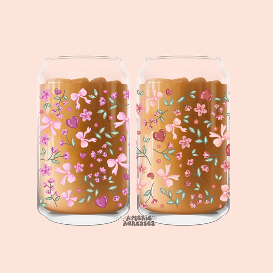 Floral Hearts & Bows Glass Cup