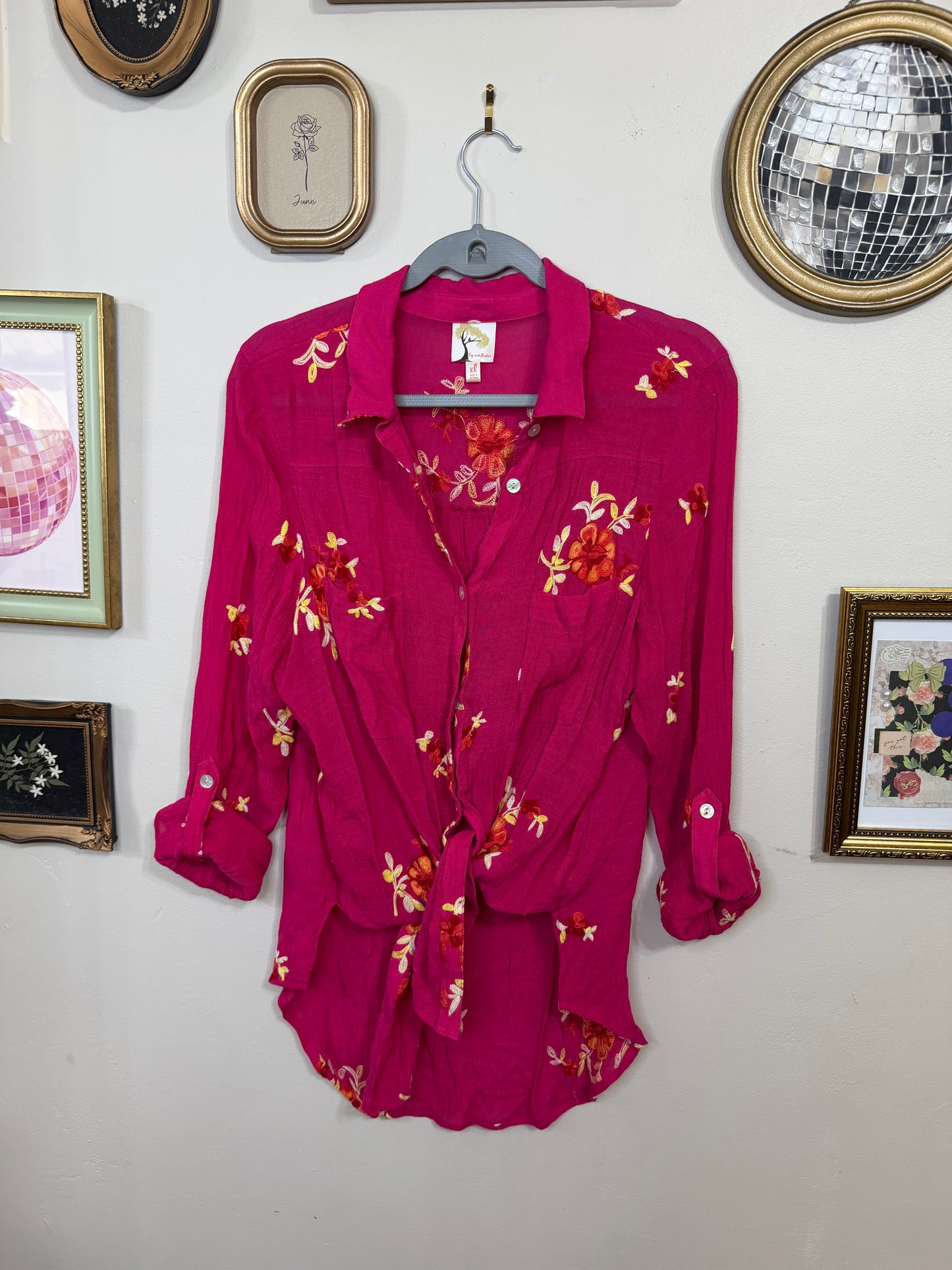XL Magenta Embroidered Button Up