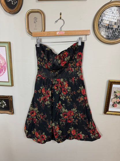 Medium Strapless Red Black Floral Bubble Mini Dress