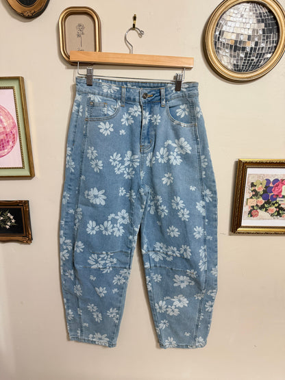 Medium Blue Floral Barrel Jeans