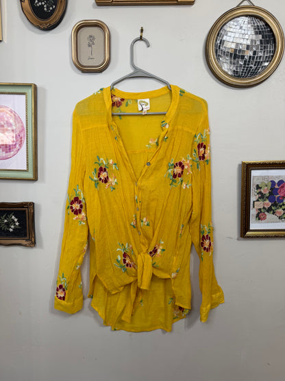 XL Yellow Embroidered Button Up