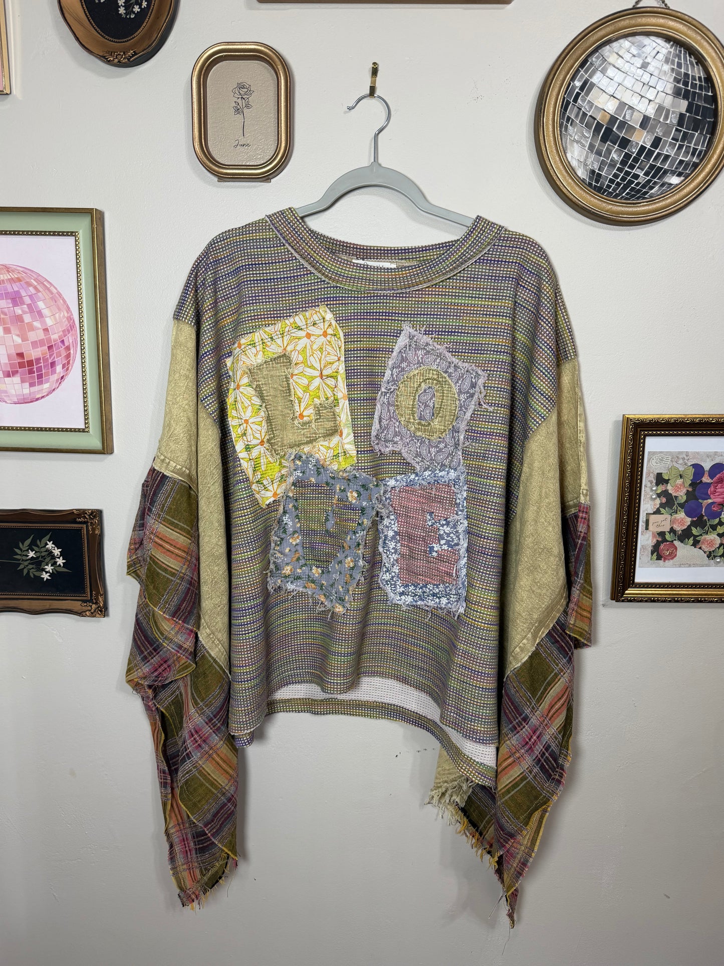 Large NWOT Love Patch Work Boho Top