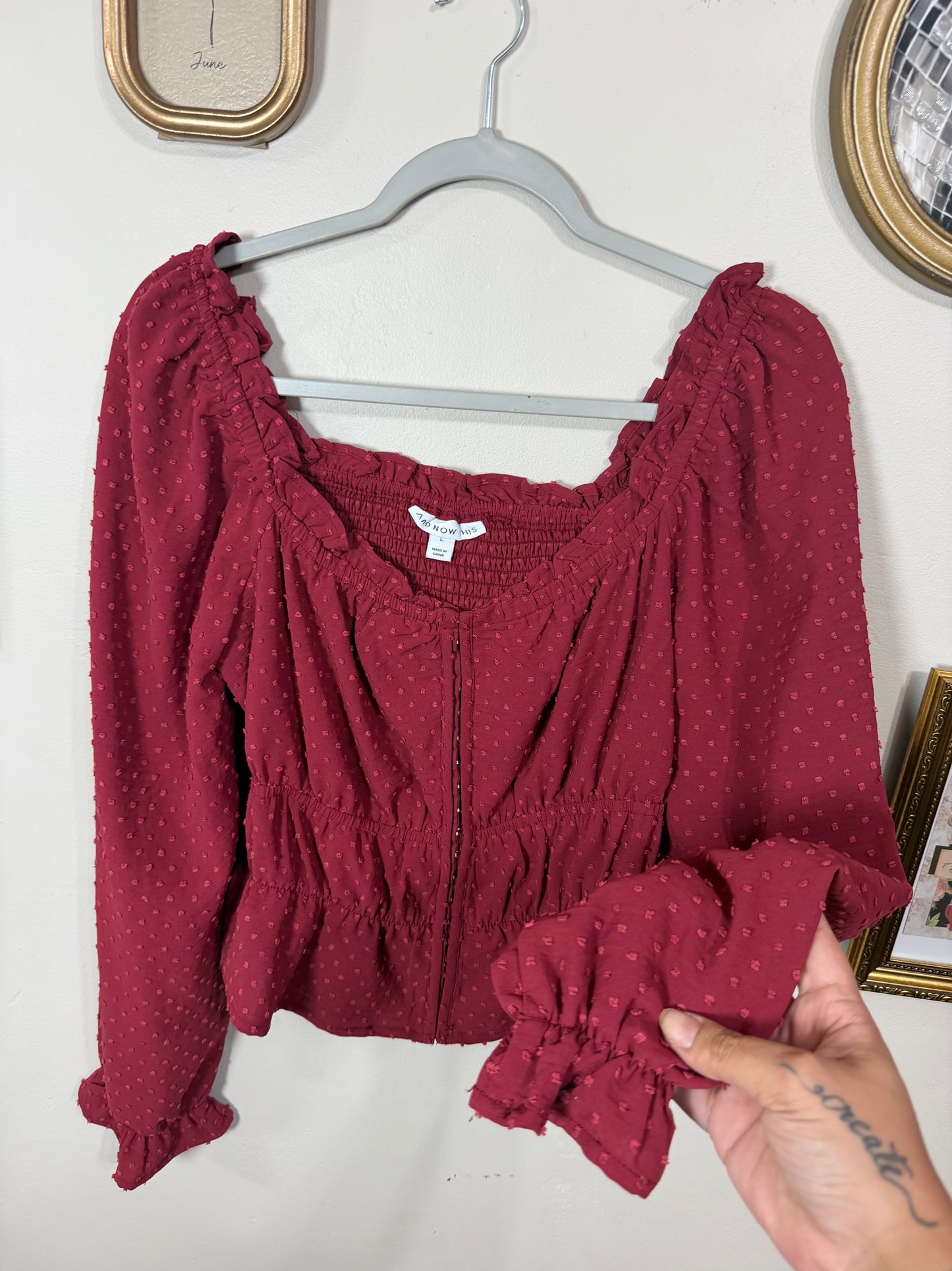 Large Burgundy Long Sleeve Off Shoulder Top