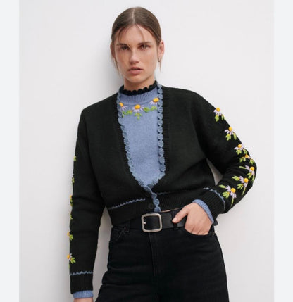 Medium Black Cardigan w/ Floral Sleeves