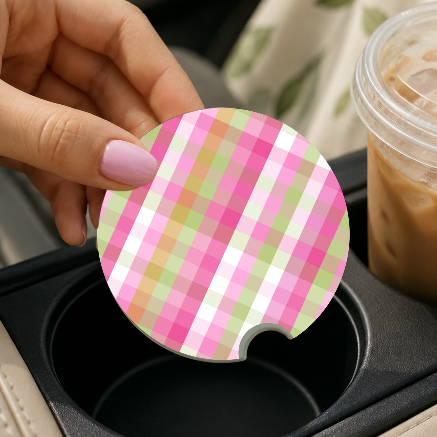 Pink Green Plaid Car Coaster