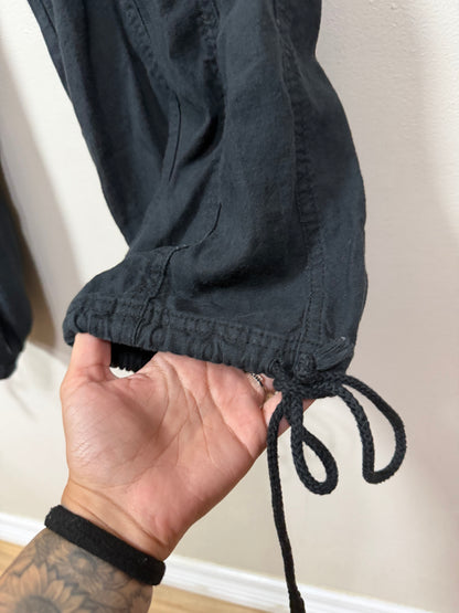 Small Black Straight Leg Linen Cargos w/ Ankle Tie