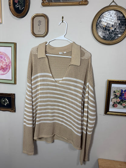 XL Neutral Knit Striped Vneck Sweater