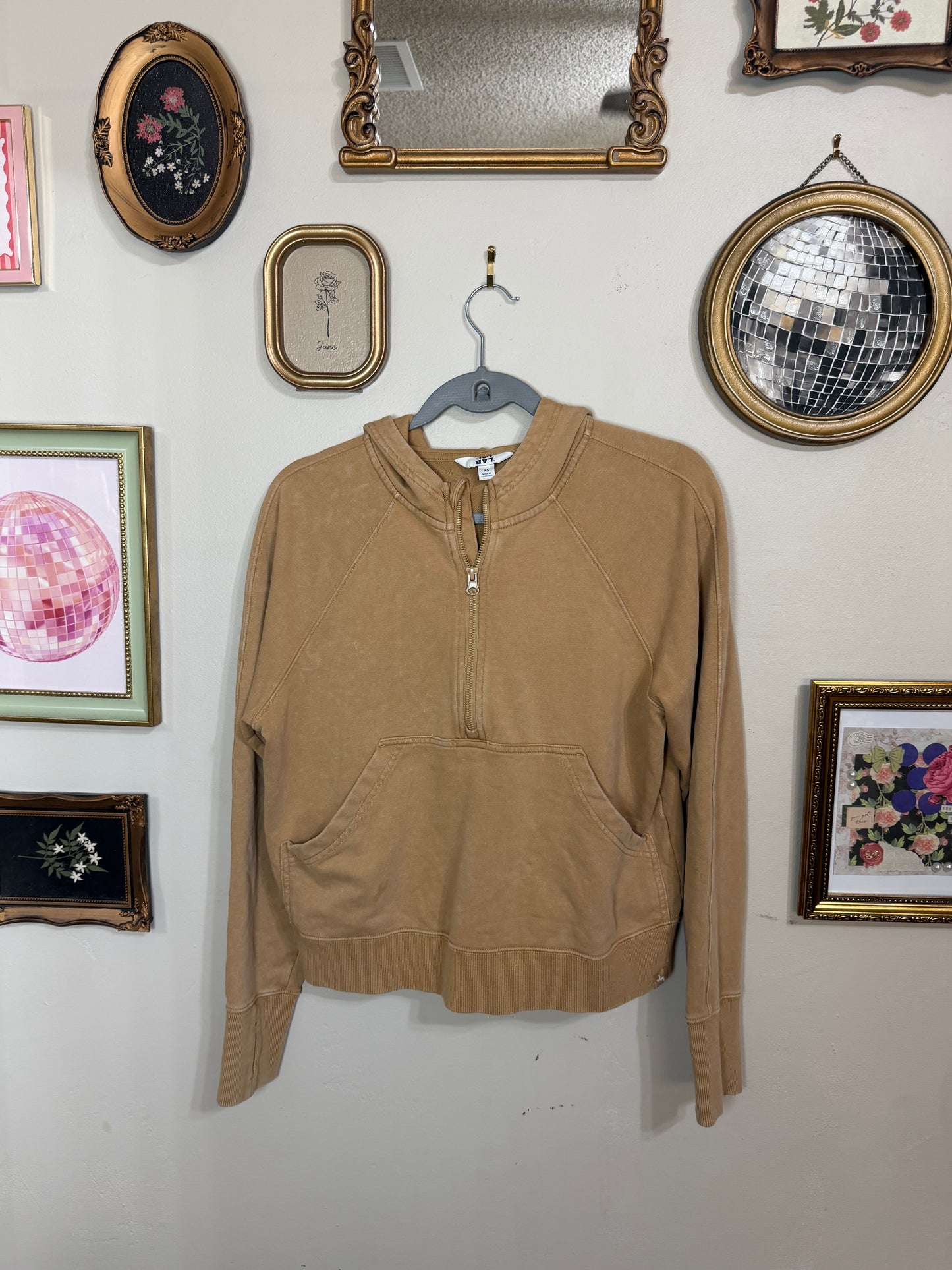 XS Tan Quarter Zip Cropped Hoodie
