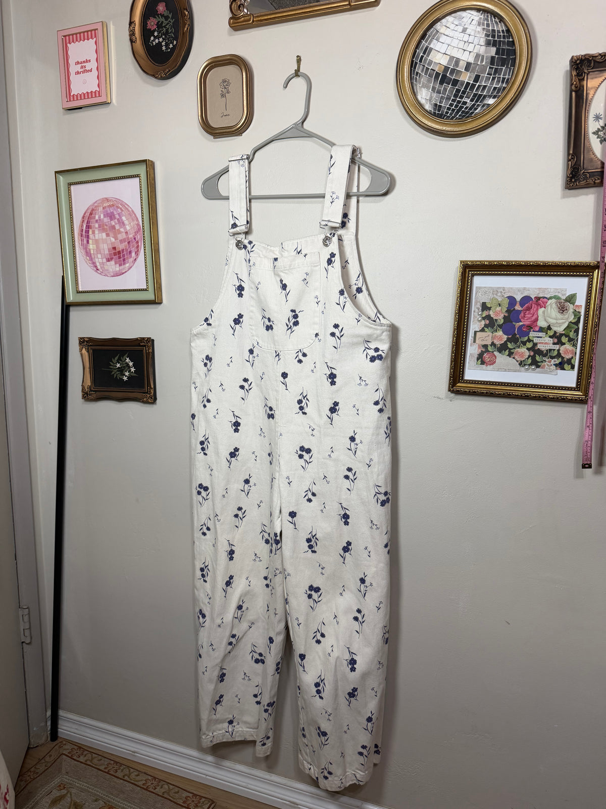 Large Ecru Cream Denim Overalls w/ Blue Flowers