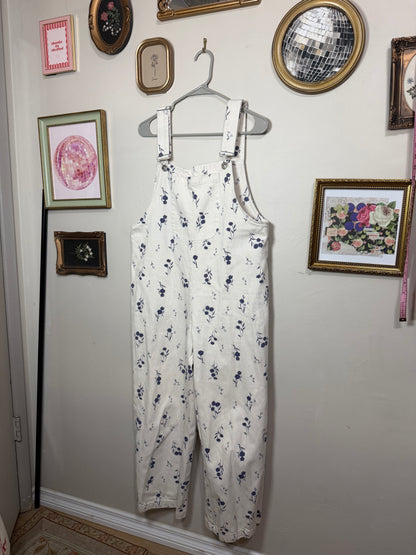 Large Ecru Cream Denim Overalls w/ Blue Flowers