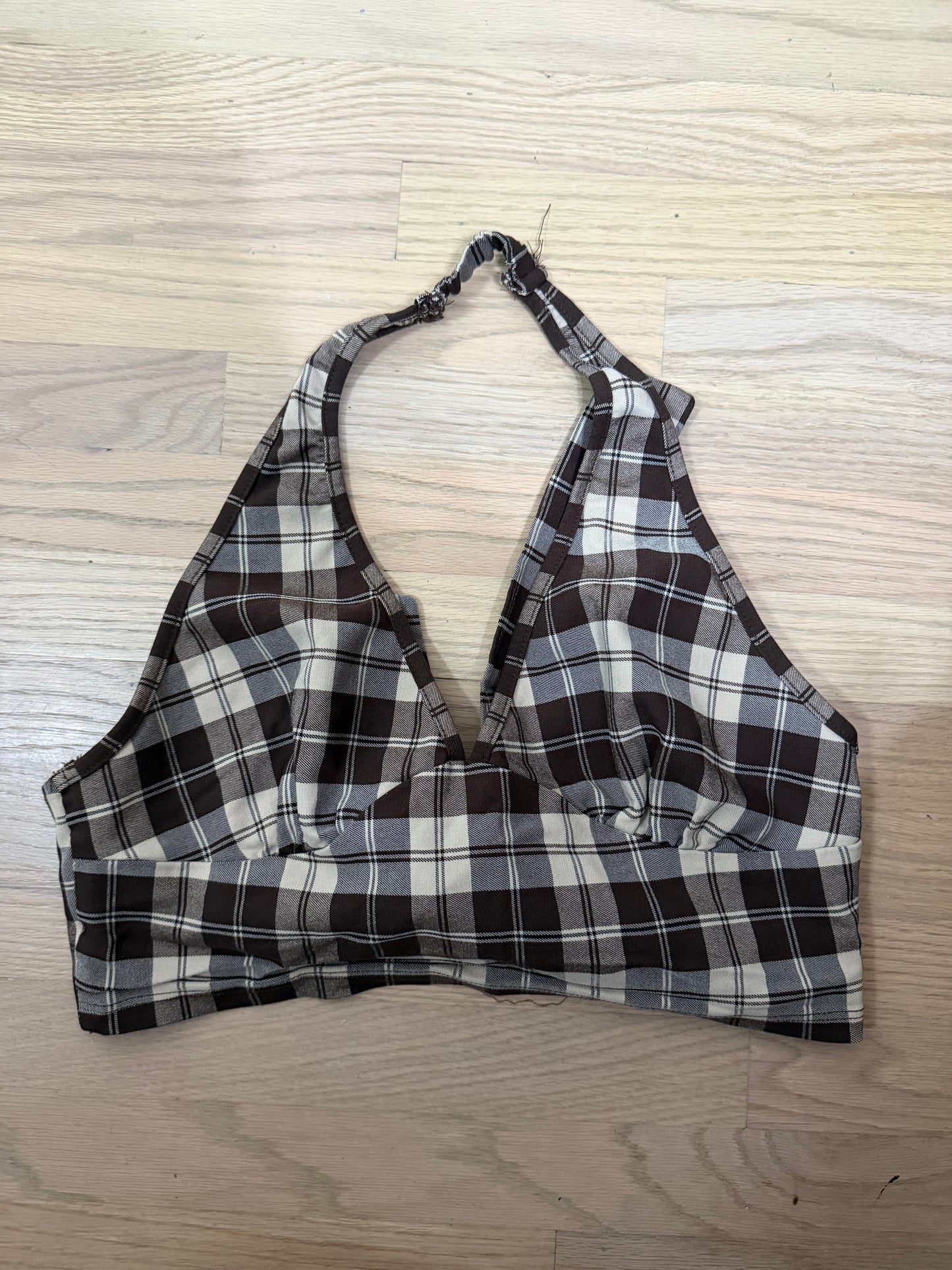Large Brown Plaid Halter Top w/ Tie Back