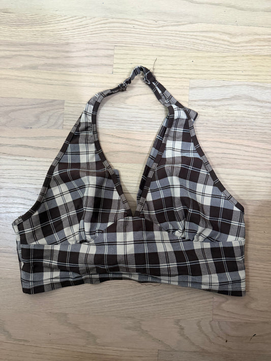 Large Brown Plaid Halter Top w/ Tie Back
